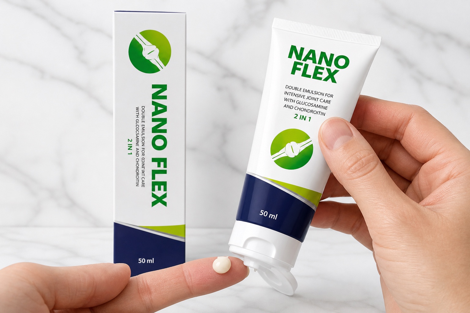 NanoFlex tubusból krémet nyomó kéz, 2 in 1 felirat
